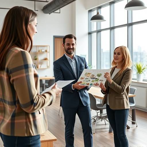 Designer de interiores apresentando um projeto para um cliente em um escritório.