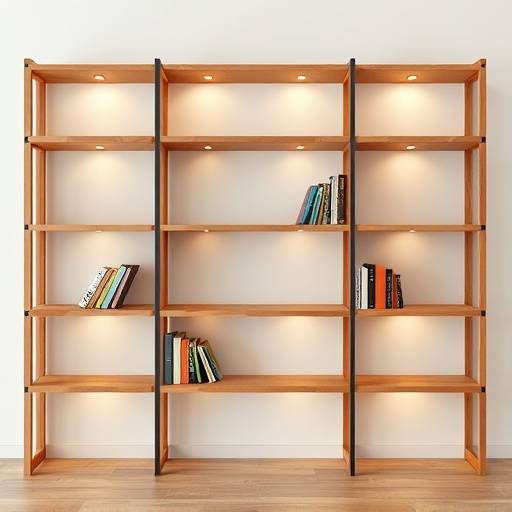Estante de livros de madeira com design modular e prateleiras ajustáveis.