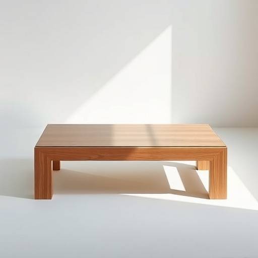 Mesa de centro de madeira maciäa com tampo de vidro e design minimalista.