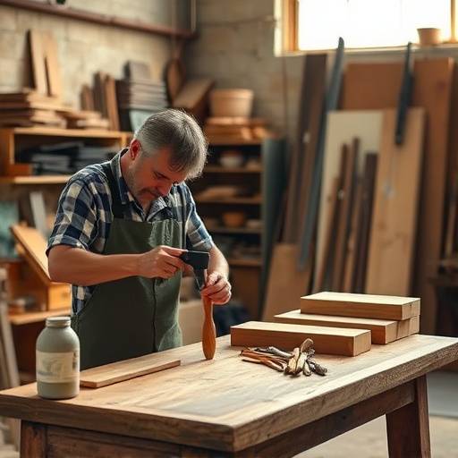 Oficina de produäão de móveis artesanais com artesãos trabalhando.
